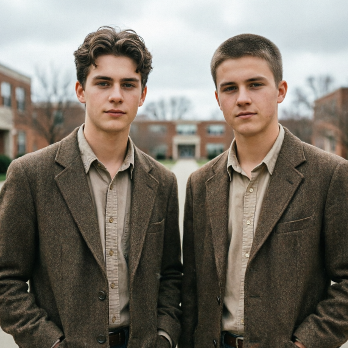 Portrait of two European teen boys with AI Yearbook Filter applied, American high school yearbook-style double portrait, warm vintage brown film tone, subtle grain texture, preppy tweed blazer outfits, red brick school building background, nostalgic campus vibe