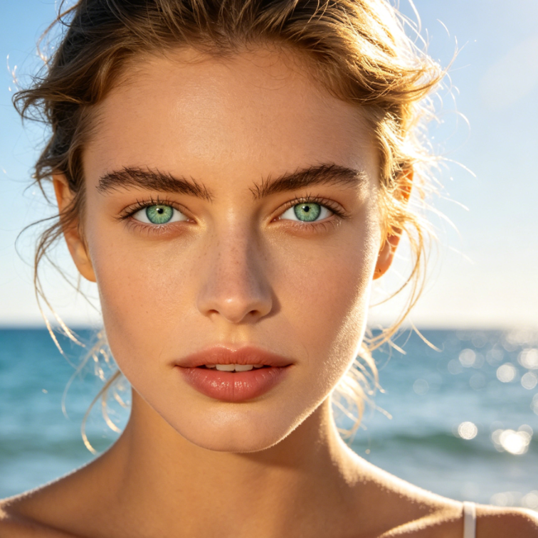Close-up portrait of a European woman under backlight at the beach, modified with AI Eye Color Changer to light mint green transparent pupils, matching the original backlight, natural light transmission effect at pupil edges, mint green eyes echoing the blue sky and sea tones, no disharmony, natural iris texture, 4:3 aspect ratio portrait photography
