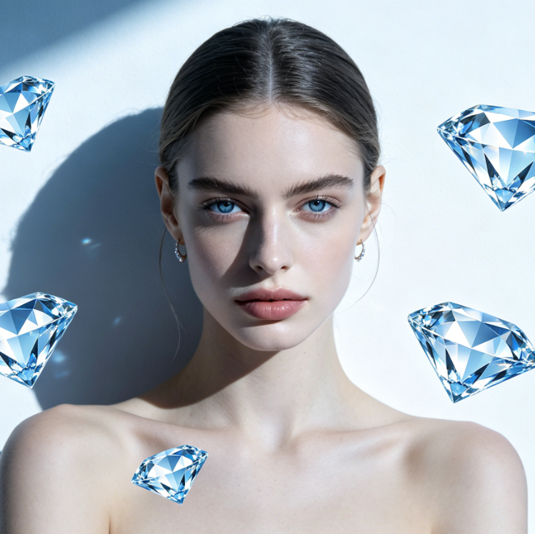 Bust portrait of a cool European woman under cold light in front of a minimalist white wall, low bun hairstyle, cool-toned makeup, aloof temperament, modified with Add Emoji to Photo to add cool-toned diamond and crystal emojis, transparent texture, reflections matching the cold light, elegant and delicate style