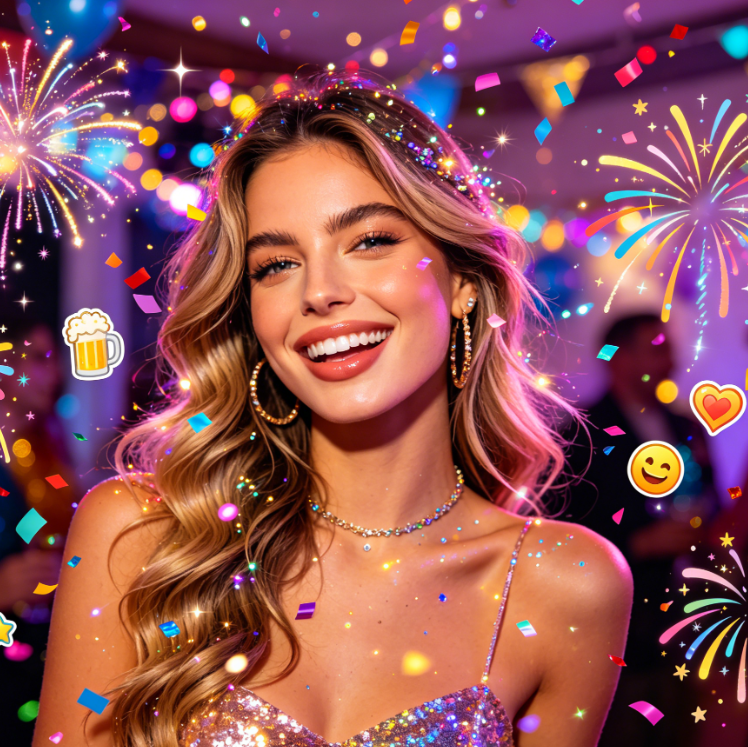 Bust portrait of a stylish European woman under colorful party lights, wavy hair, sequin camisole dress, bright smile, modified with Add Emoji to Photo to add colorful fireworks and confetti emojis with shimmering effects, matching the party lighting, lively and fashionable