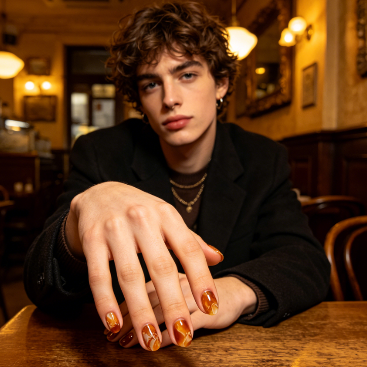 Portrait of a European man in a warm-lit vintage café, curly short hair, black blazer, hands resting naturally on a wooden table, nails with caramel amber gradient manicure with natural stone texture, tones matching the retro warm setting, calm and literary