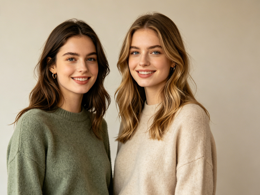 Group photo of two European female best friends, with AI Yearbook Filter applied, American high school yearbook-style double portrait, unified warm retro tone, film grain texture, classic yearbook side-by-side composition, vintage campus makeup and styling, nostalgic campus vibe, 4:3 aspect ratio portrait photography