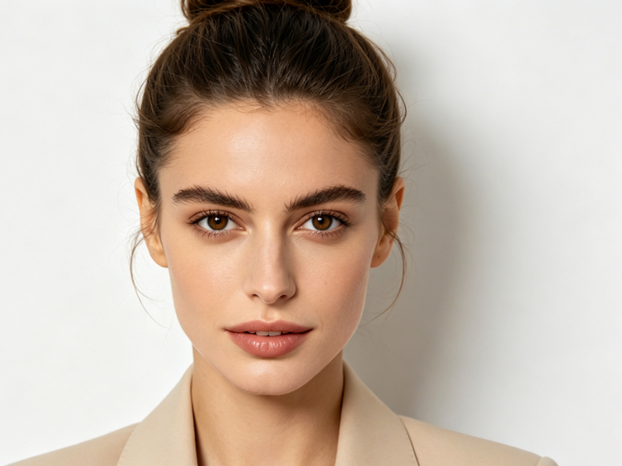 Indoor soft light ID photo-style bust portrait of a European woman, with dark brown eyes, a bun hairstyle, wearing a light beige blazer, against a plain white background, with clear unobstructed pupils, 4:3 aspect ratio portrait photography