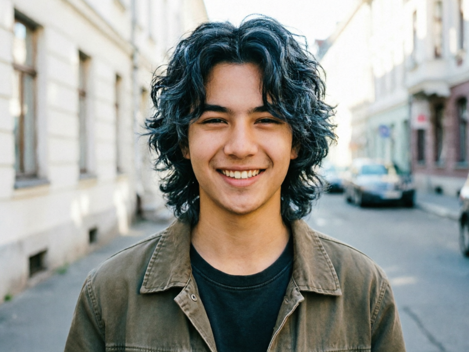 Half-body portrait of a European teen in outdoor street natural light, medium-length blue-black wool curls, casual workwear jacket, sunny smile, vintage film texture, street portrait, 4:3 aspect ratio portrait photography