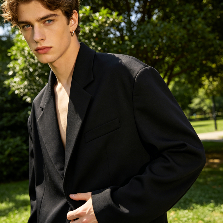 Half-body portrait of a man in a cafe under warm natural light, wearing a light beige linen casual suit with a matching shirt, leaning against a table in a relaxed pose, with a blurred cafe background, showing an elegant urban gentleman style, 4:3 aspect ratio portrait photography