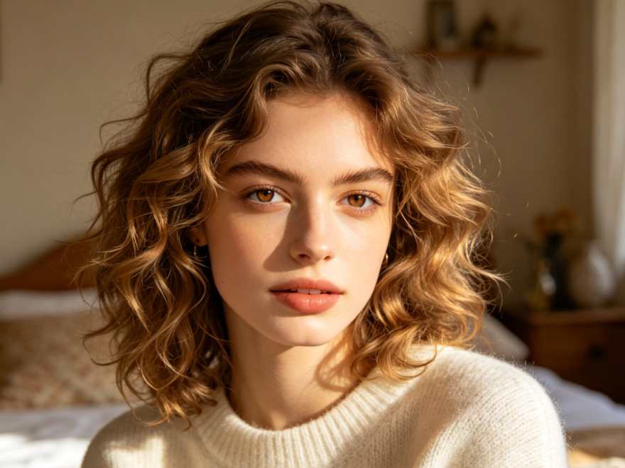 Indoor natural light bust portrait of a young European woman, with light brown eyes, warm soft light, light brown curly hair, wearing a cream sweater, against a cozy bedroom background, with clearly visible pupils, 4:3 aspect ratio portrait photography