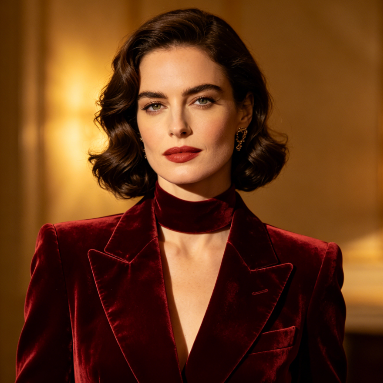 Half-body portrait of a woman under warm indoor soft light, wearing a burgundy velvet suit with a matching velvet choker, with delicate retro makeup, against a blurred warm golden wall background, elegant and luxurious evening style, 4:3 aspect ratio portrait photography