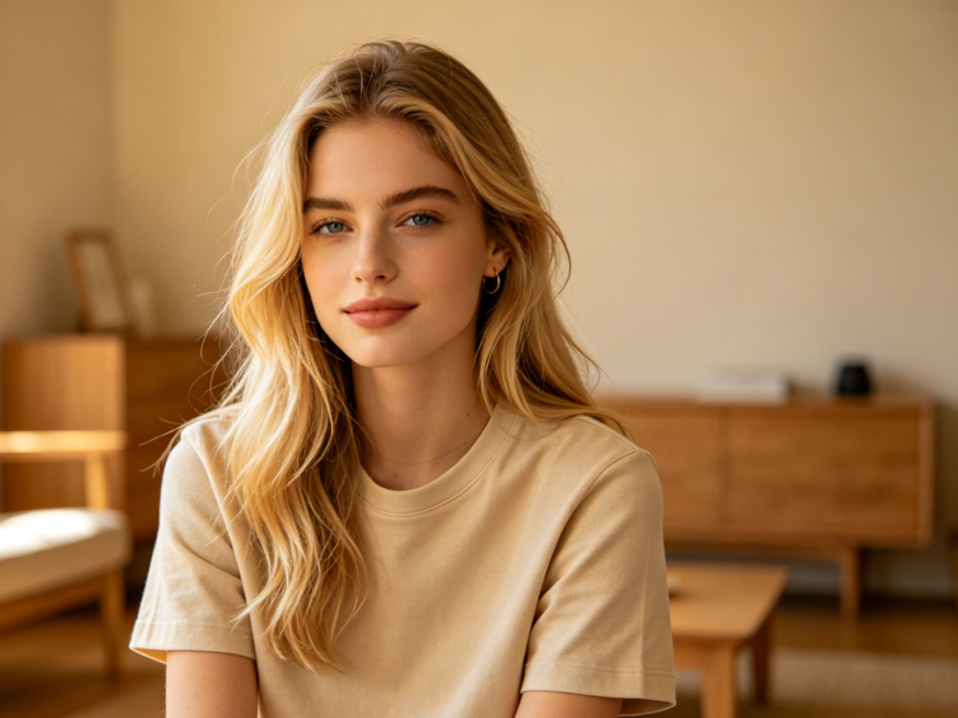 Bust portrait of a young European woman in a wooden-style living room under diffused natural light, long blonde hair, wearing a solid cotton short-sleeve T-shirt, gentle sitting posture, simple and warm background, 4:3 aspect ratio portrait photography