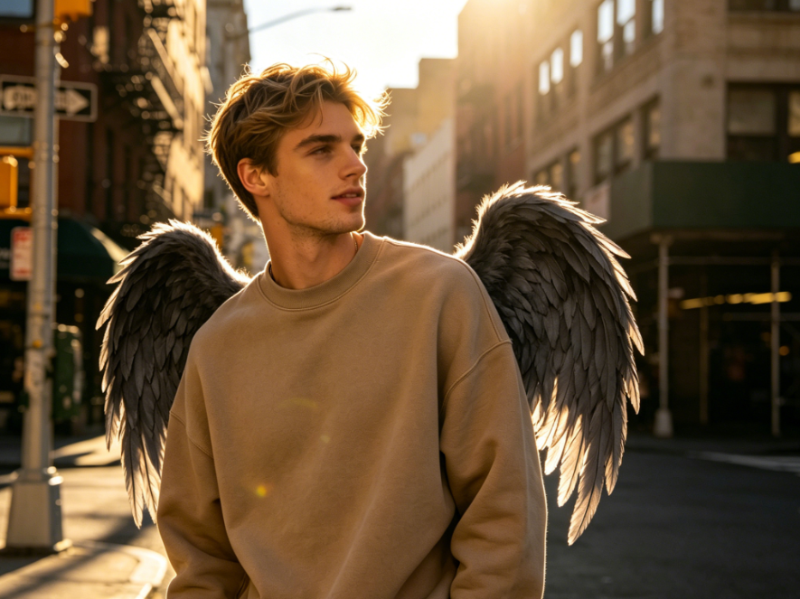 Outdoor street-style bust portrait of the same young European man, modified with Add Angel Wings to Photo to add a pair of charcoal gray matte feather angel wings, sleek wing lines matching the original side backlight, natural light transmission at feather edges, wing posture echoing the leaning pose, no disharmony, creating a dark angel style, 4:3 aspect ratio portrait photography