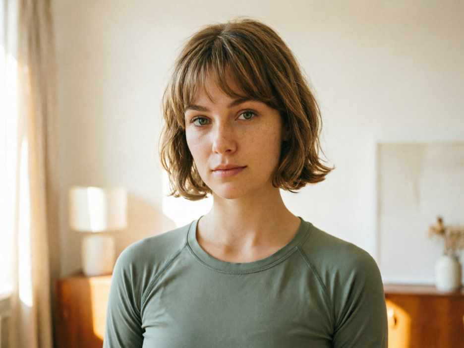 Half-body portrait of a European woman in indoor natural light, French bangs bob haircut, light brown hair, simple sage green top, clean home background, natural and fresh portrait, 4:3 aspect ratio portrait photography
