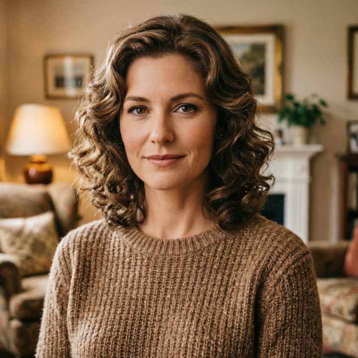 Half-body portrait of a mature European woman with AI Yearbook Filter applied, 90s family/graduation commemorative photo style, warm yellow vintage film tone, soft retro lighting, vintage curly hairstyle, knit sweater outfit, cozy home background, nostalgic texture