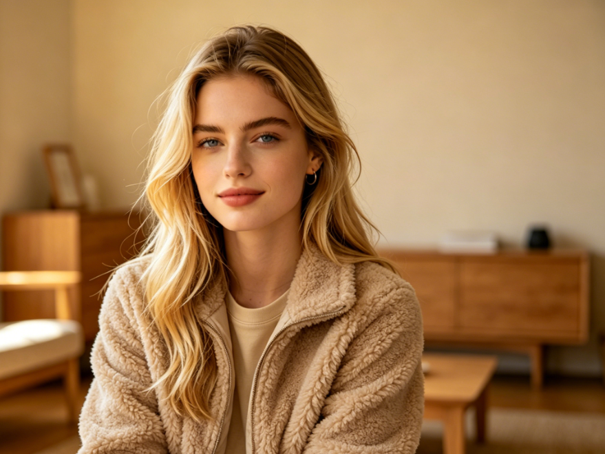 Bust portrait of the same European woman in a wooden-style living room, modified with Add Jacket to Photo to add a light coffee sherpa jacket, fluffy and soft fabric, body folds fitting the sitting posture, warm texture matching indoor natural light, natural light transitions without stitching marks, creating a lazy home casual style, 4:3 aspect ratio portrait photography
