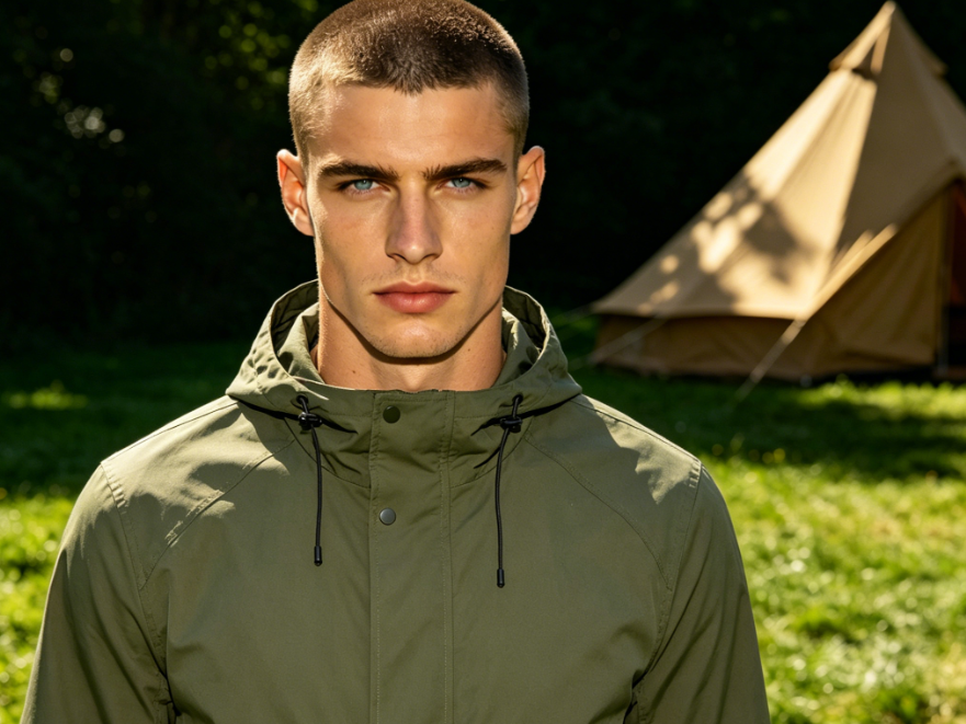 Bust portrait of the same European man at an outdoor campsite, modified with Add Jacket to Photo to add an army green outdoor functional jacket, structured waterproof fabric, complete pocket and drawstring details, outdoor style perfectly matching the scene, unified light and shadow layers, fresh and tough overall look, 4:3 aspect ratio portrait photography
