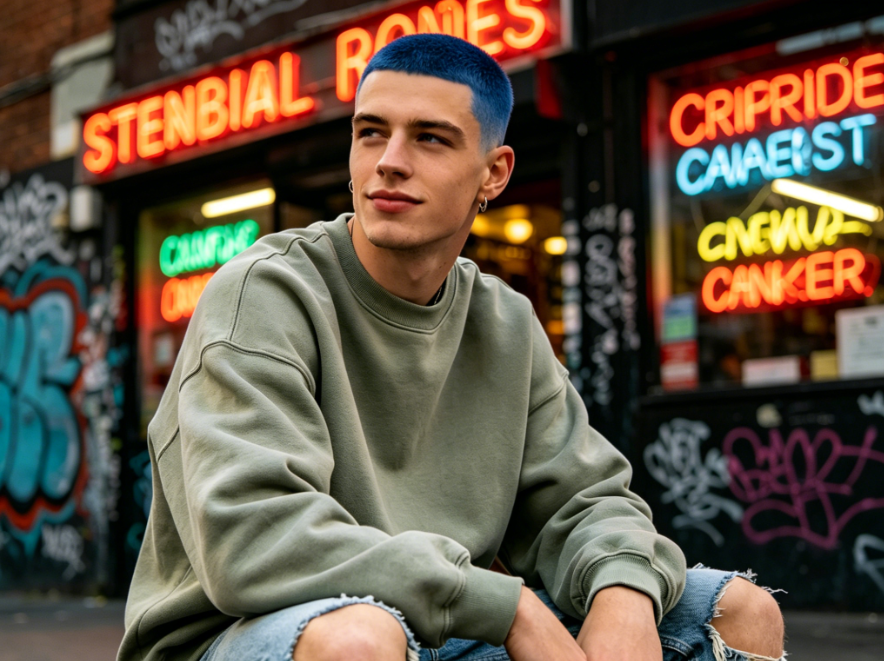 4:3 portrait of the same young European man, edited with an AI blue hair filter to give his hair a matte royal blue color with moderate saturation and a tough texture, creating a cool street-style dyed hair effect, with the background lighting unchanged.