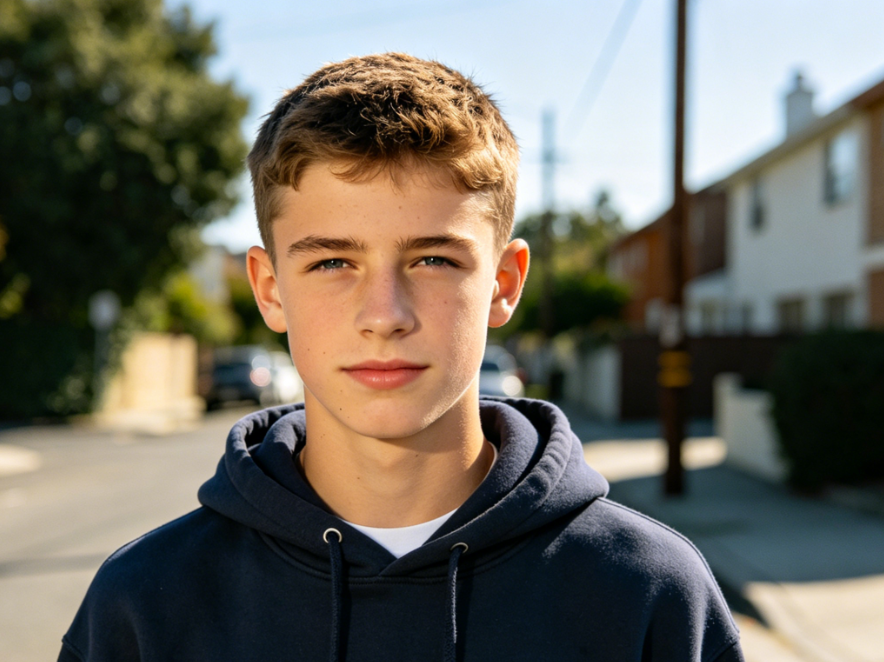Half-body portrait of a European teen in outdoor natural sunlight, neat short hair, casual hoodie, relaxed standing pose, simple street background, candid daily photo, 4:3 aspect ratio portrait photography