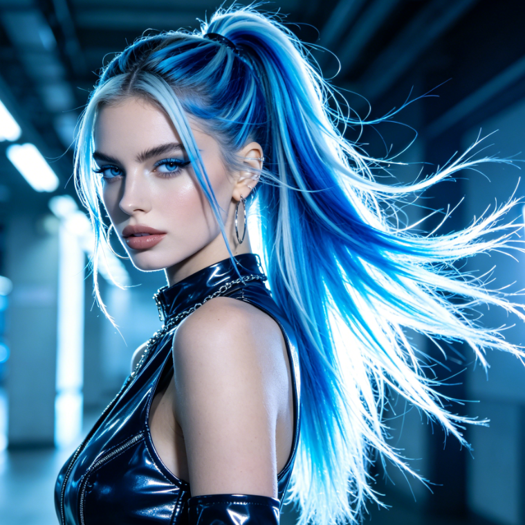 portrait of a cool-style European woman under cool-toned lighting, wearing a black patent leather outfit, with a high ponytail featuring electric blue and light blue highlights, with three-dimensional and dynamic hair, looking edgy and trendy.