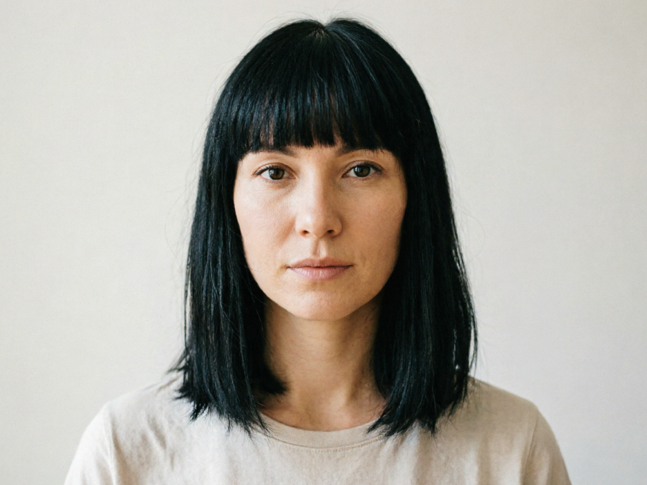 Portrait of the same woman, hairstyle changed to straight black medium-length hair with blunt bangs using AI Hairstyle Changer, smooth jet black hair, bangs framing the face, perfectly matching the original lighting, skin tone and outfit, cool and sophisticated style, 4:3 aspect ratio portrait photography