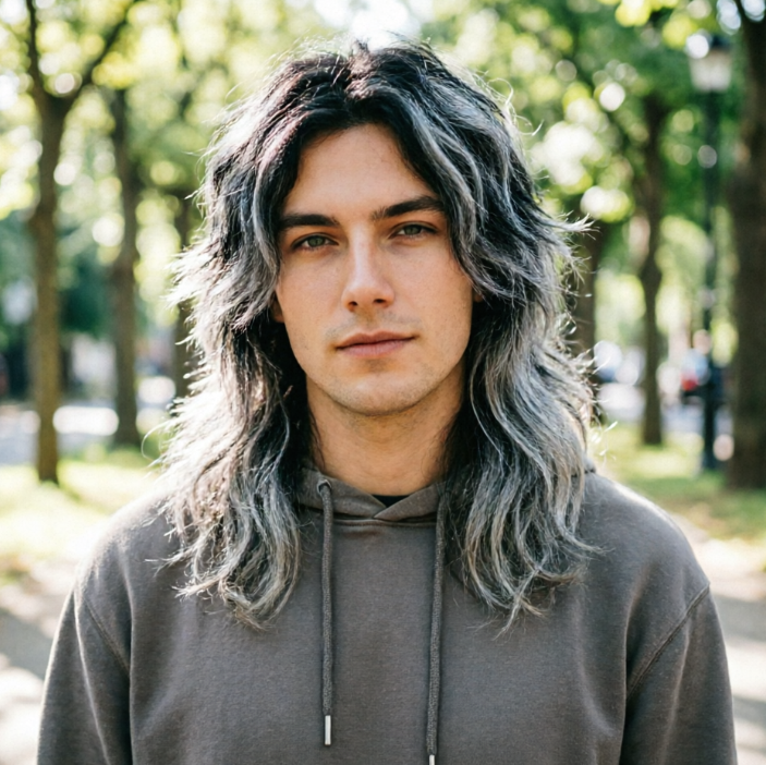 Half-body portrait of a European man in an outdoor park in natural light, black-to-grey gradient medium-long hair, voluminous and messy strands, moody vibe, dark grey hoodie outfit, artistic and edgy style, greenery background