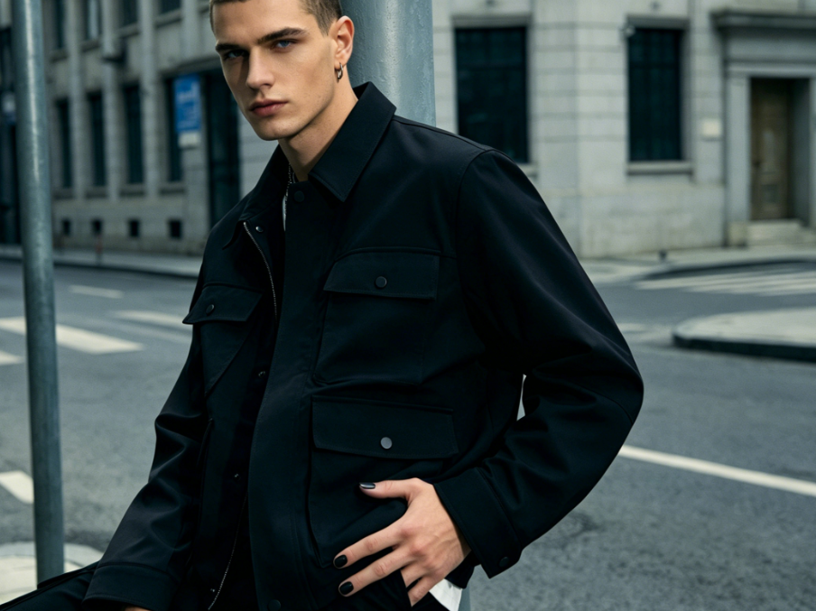 Bust portrait of a European man in a street fashion shoot, neat short hair, black workwear jacket, one hand in pocket, hands naturally visible, nails with matte charcoal black polish, sophisticated foggy texture with clean lines matching the cool workwear style, 4:3 aspect ratio portrait photography