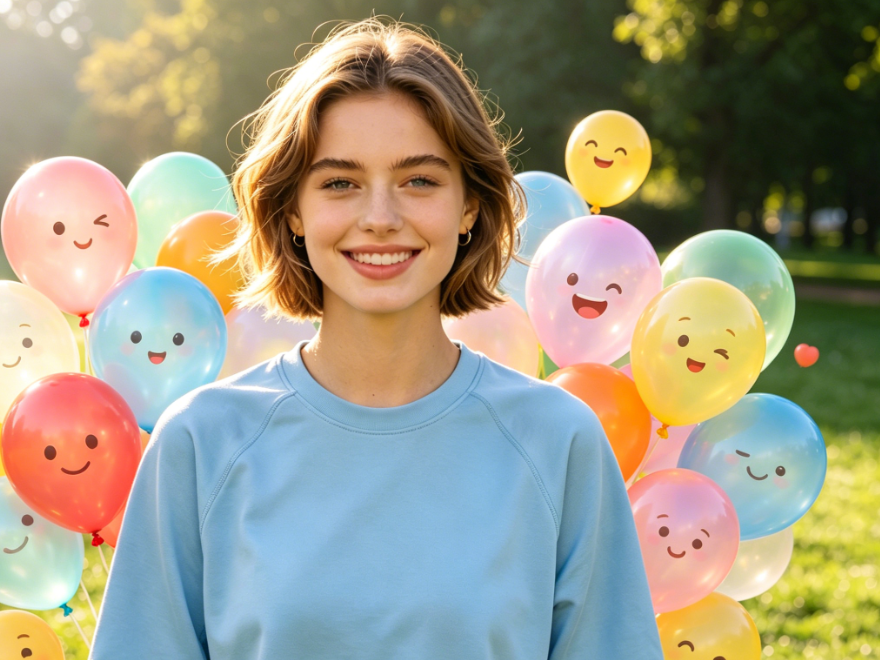 Bust portrait of the same European girl in the morning park, modified with Add Emoji to Photo to add colorful balloon emojis beside her, varied sizes and natural shapes, bright colors matching the outdoor sunlight, semi-transparent overlay without abruptness, lively and energetic overall vibe