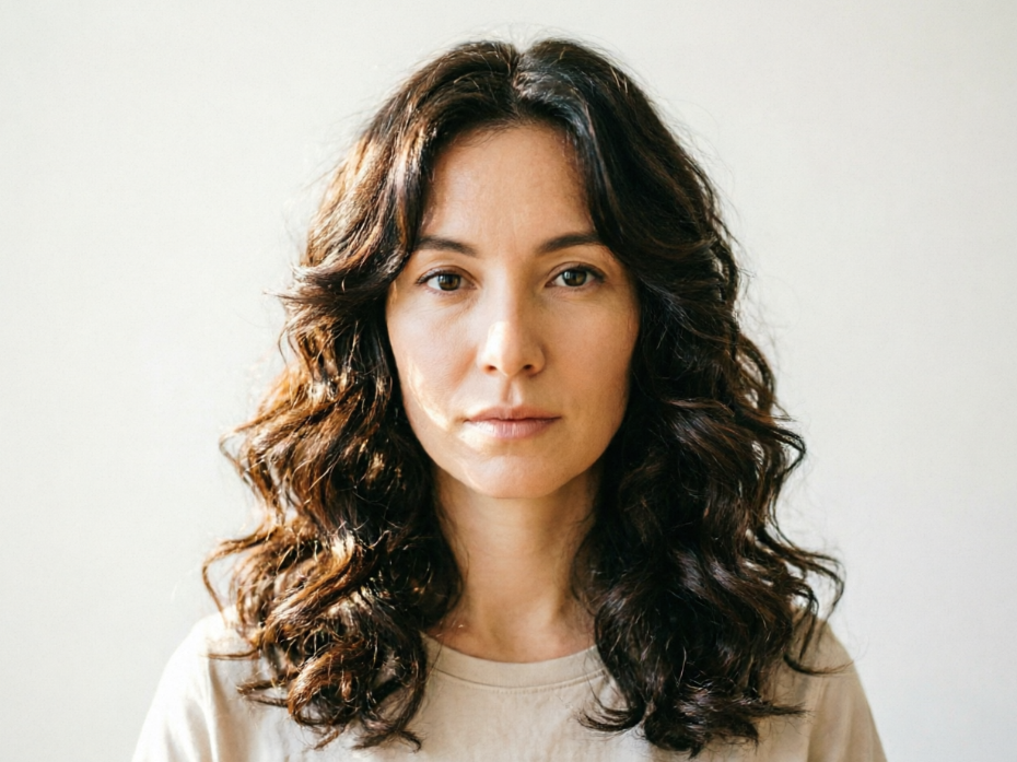 Half-body portrait of a mature European woman in soft indoor light, dark brown loose wavy medium-length hair, natural curls, simple off-white top, clean solid background, gentle and elegant portrait, 4:3 aspect ratio portrait photography