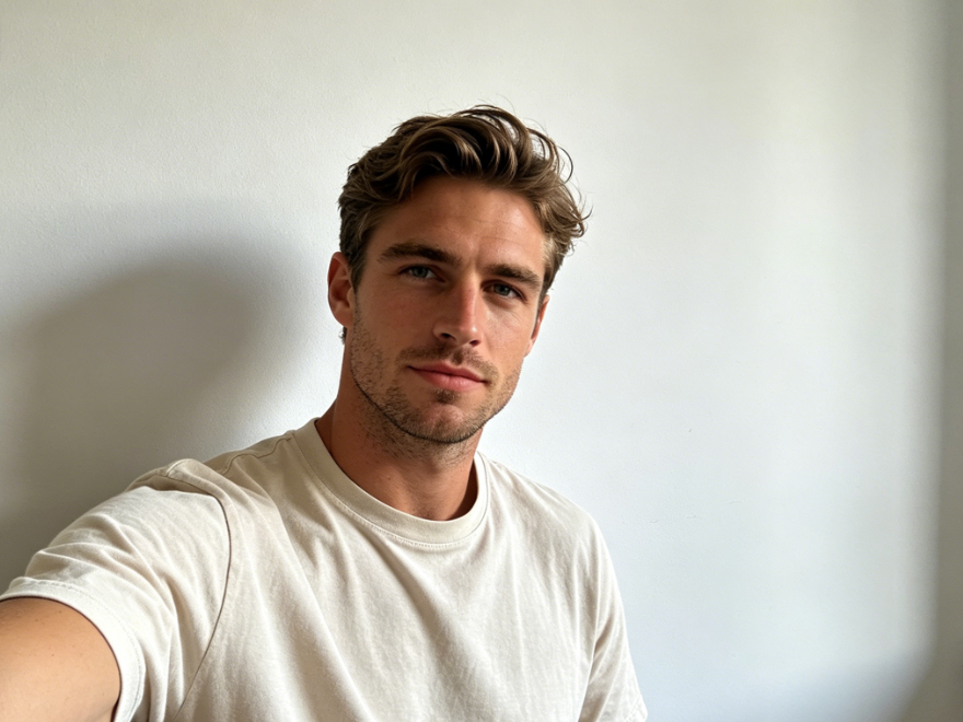 Indoor natural light half-body selfie of a man, wearing a plain off-white T-shirt, leaning against a white wall, relaxed posture, clear facial features, 4:3 aspect ratio portrait photography