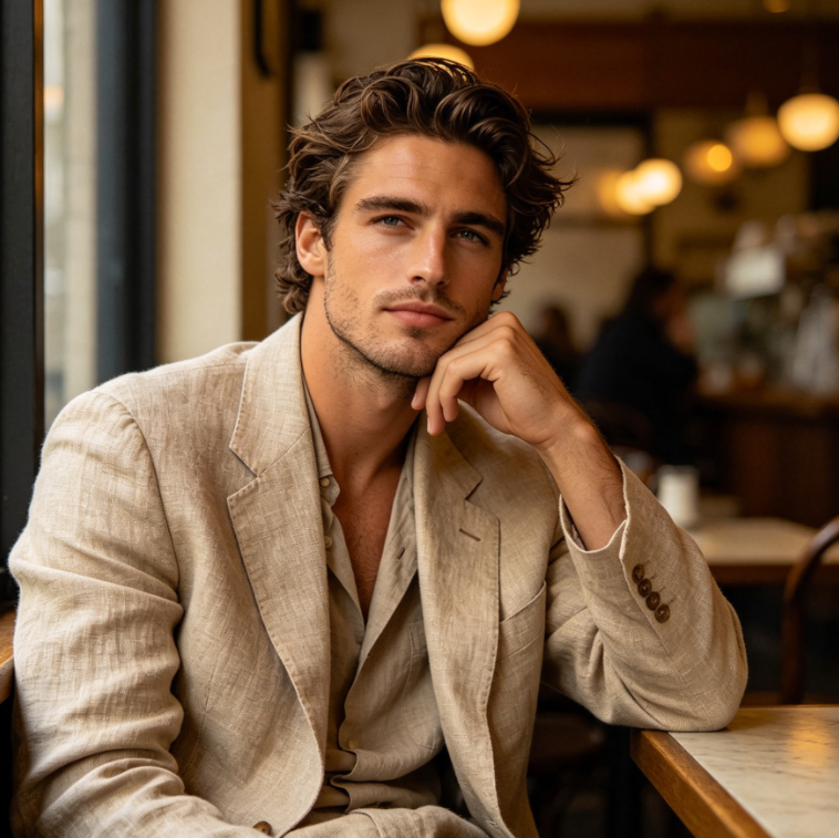 Half-body portrait of a young man in a park under sunlight, wearing an oversized black boxy blazer without a shirt, posing casually with soft side backlight, against a lush green park background, relaxed and stylish street fashion style, 4:3 aspect ratio portrait photography