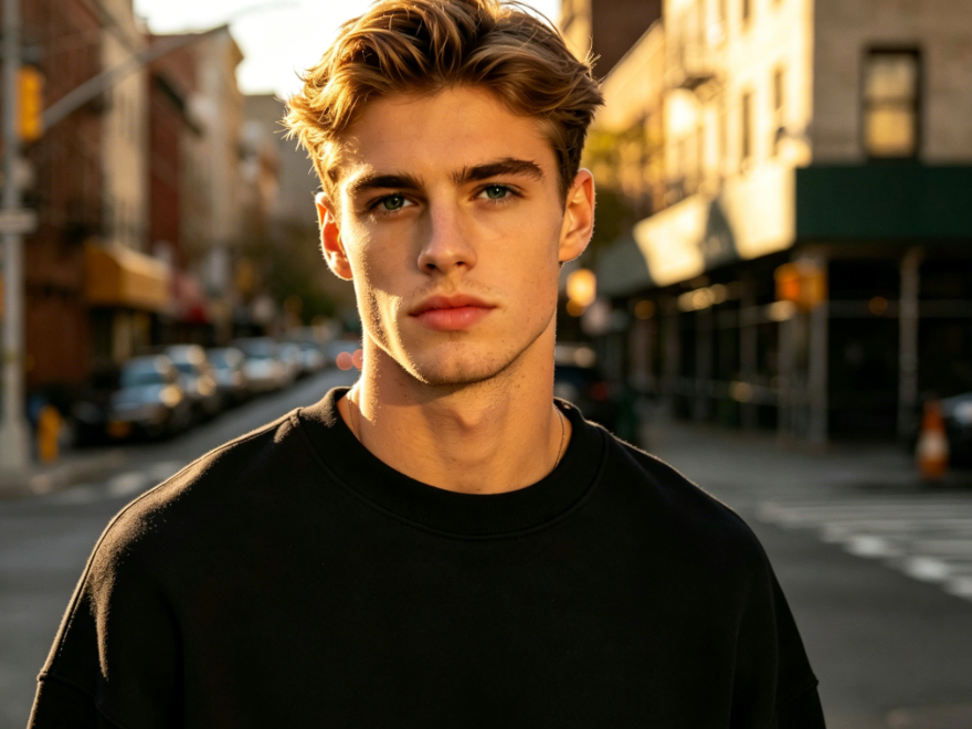 Outdoor street-style bust portrait of the same young European man, modified with AI Eye Color Changer to deep forest green irises, matching the original side backlight, with soft transitions between pupil edges and sclera, natural light reflections, deep green eyes showing a rich texture under sunset backlight, no harsh edges, 4:3 aspect ratio portrait photography