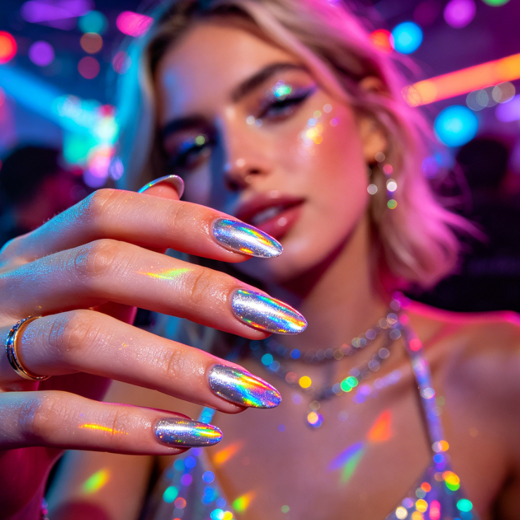 Portrait of a European woman under colorful party lights, wavy hair, sequin camisole dress, close-up of hands, nails with holographic silver polish with rainbow iridescent effect, matching the neon party lighting, dazzling and eye-catching