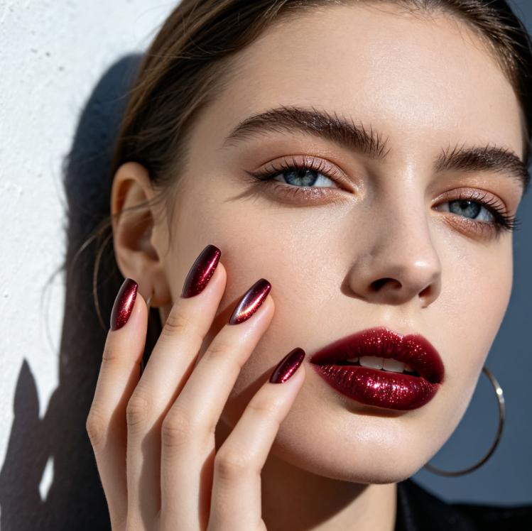 Portrait of a cool-toned European woman against a minimalist white wall, high ponytail, black top, one hand gently touching her face, nails with burgundy cat-eye manicure with subtle metallic sheen, shifting cat-eye effect with light, elegant and edgy