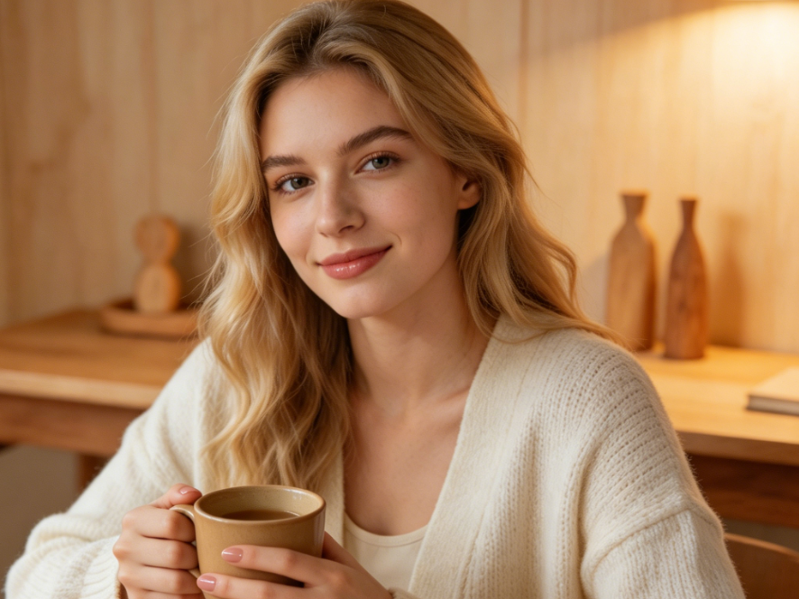 Bust portrait of a young European woman at a light wood desk, blonde hair, cream knit cardigan, hands holding a coffee cup, hands naturally visible, nails with nude milk tea pink polish, sheer thin coat with edges fitting the nail curve, warm sheen blending with indoor soft light, understated and gentle, 4:3 aspect ratio portrait photography