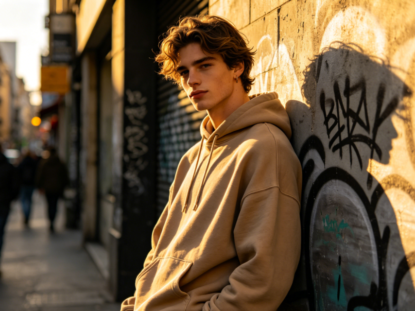 Outdoor street half-body portrait of a young man leaning against a graffiti wall, wearing an oversized beige hoodie, with side backlight from sunset, casual pose, city street background, 4:3 aspect ratio