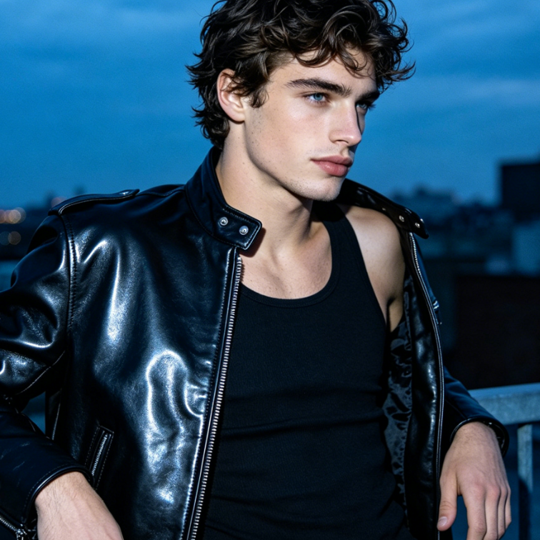Bust portrait of a trendy European man on an open-air rooftop during the blue hour, wavy short hair, wearing a black fitted tank top, casually leaning against the railing, cool ambient light, modified with Add Jacket to Photo to add a shiny black biker leather jacket, leather reflections matching the cool blue light, realistic stand collar and zipper details, body folds matching the leaning pose, creating a cool street biker style