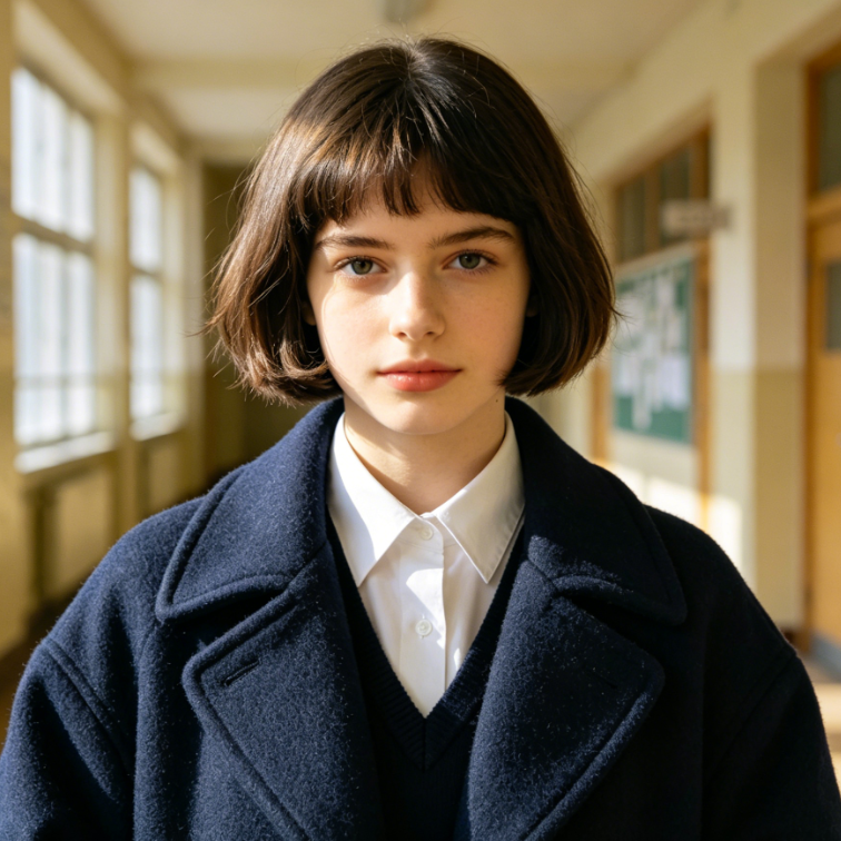Bust portrait of a European female student in a school corridor under bright indoor light, short bob hair, wearing a basic white shirt, cute standing posture, strong youthful atmosphere, modified with Add Jacket to Photo to add a navy blue preppy wool jacket, natural thick wool texture, loose and well-fitted silhouette, retro preppy style matching the campus scene, soft and unified light