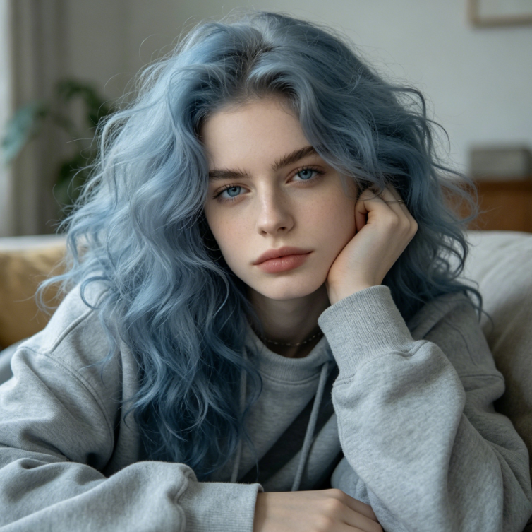 portrait of a young European woman in a casual home setting, wearing a gray hoodie, with low-saturation matte dusty blue loose curly hair, with a soft indoor light creating a low-key and high-end atmosphere.