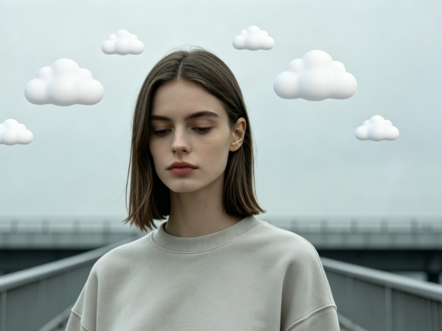 Bust portrait of the same European woman on the city overpass, modified with Add Emoji to Photo to add simple cloud emojis floating lightly at the top of the frame, soft and unified tones, elegant and minimalist style