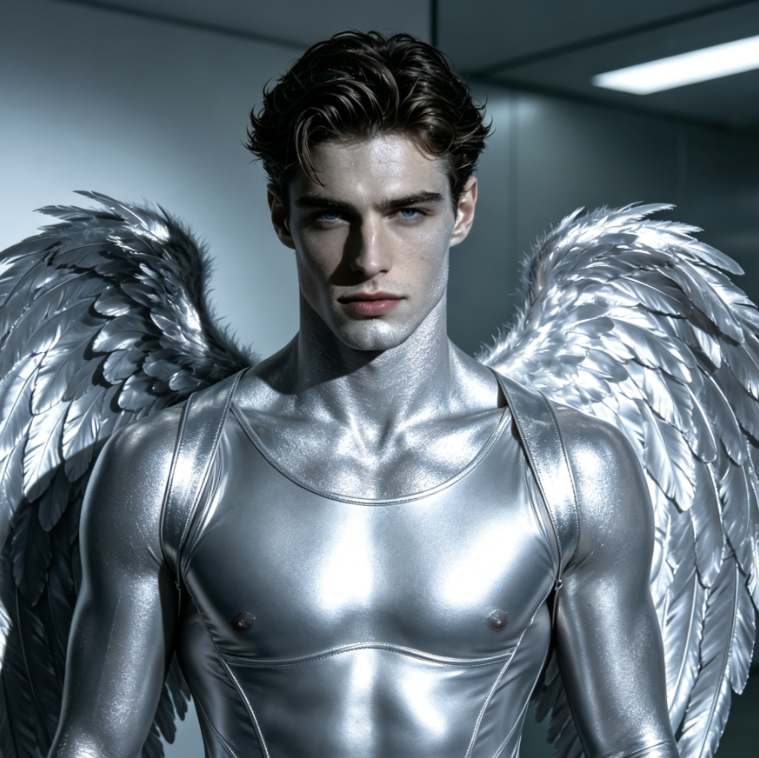 Bust portrait of a European man in a dim bar with warm light, with dark black velvet angel wings, soft luster and shadow integration, mysterious and charming atmosphere, 4:3 aspect ratio portrait photography