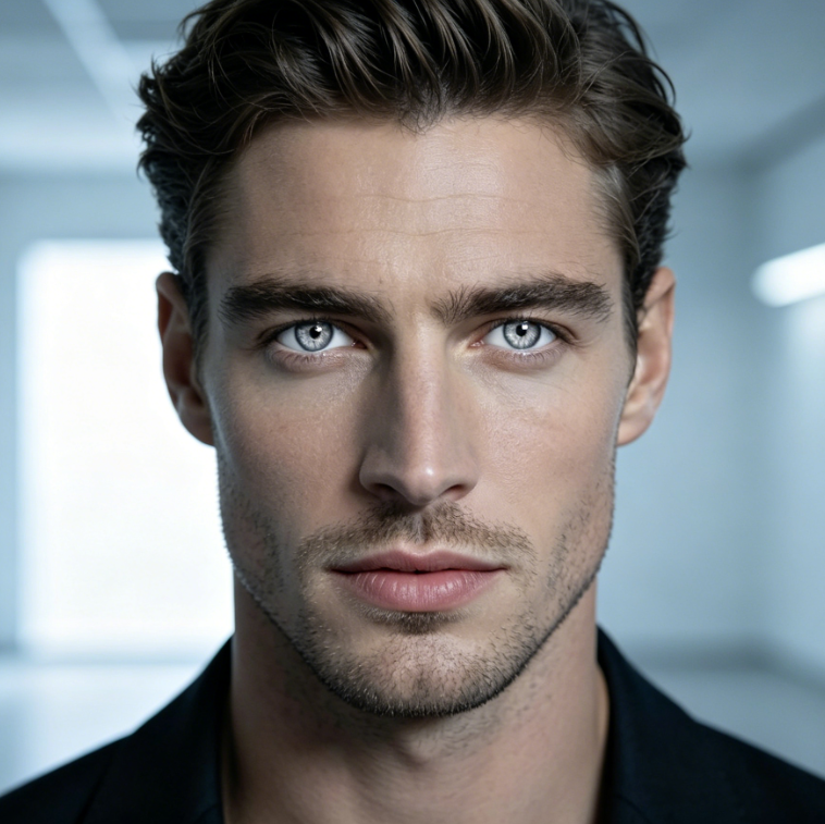 Close-up portrait of a European man under indoor cool light, modified with AI Eye Color Changer to silver-gray metallic pupils, matching the original cool white light, iris showing delicate metallic luster, light reflections consistent with ambient light, soft edge transitions, no harsh cutout traces, silver-gray eyes looking more high-end in the cool atmosphere, 4:3 aspect ratio portrait photography