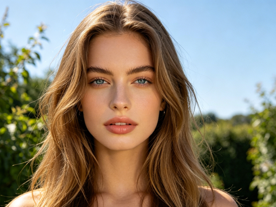 4:3 portrait of a European woman outdoors in natural light, with natural light brown long hair, light makeup, against a greenery and blue sky background, in a fresh and natural setting.
