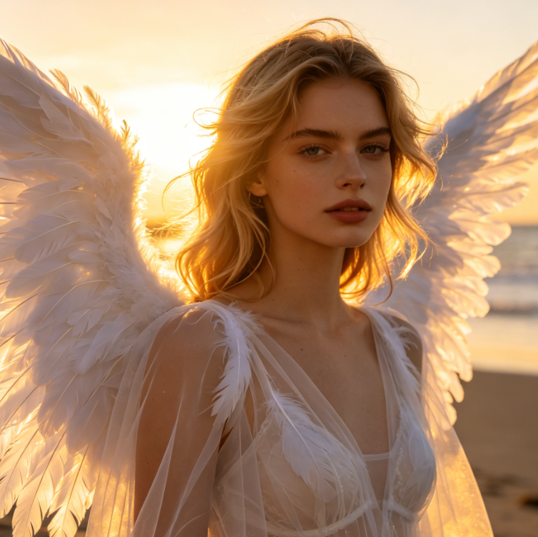 Bust portrait of a European woman under cherry blossom trees, with pink-white gradient feather angel wings, light and fluffy feathers under soft diffused light, fresh and healing style, 4:3 aspect ratio portrait photography