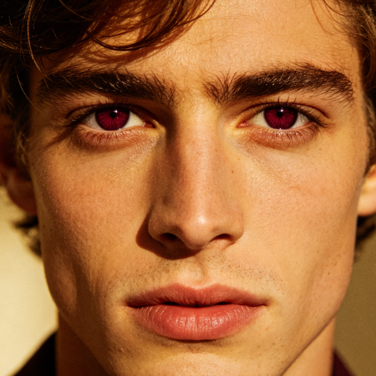 Close-up portrait of a European man in retro film style, modified with AI Eye Color Changer to burgundy gradient pupils, matching the original warm yellow film tone, iris edges with subtle retro grain, unified with the overall retro atmosphere, no post-processing traces, pupil reflections matching ambient light, 4:3 aspect ratio portrait photography