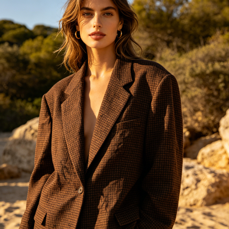 Half-body portrait of a woman on a beach under warm sunset light, wearing an oversized brown checkered wool blazer without a shirt, posing casually, against a beach and greenery background, lazy and retro vacation style, 4:3 aspect ratio portrait photography