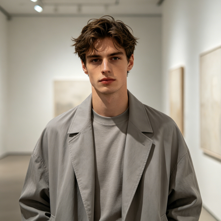 Bust portrait of a young European man in an art gallery under soft diffused light, messy short hair, wearing a solid fitted base layer, calm expression, minimalist art background, modified with Add Jacket to Photo to add a light gray oversized jacket, loose and natural drape fabric, large silhouette highlighting artistic temperament, soft and delicate light, naturally blended edges, creating a literary minimalist style