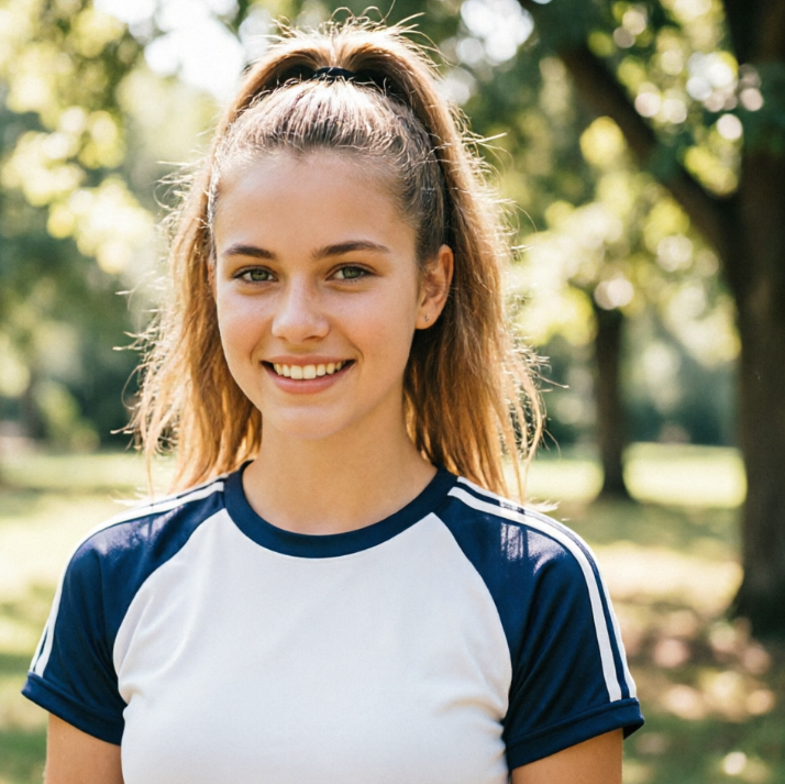 Half-body portrait of a European teen girl with AI Yearbook Filter applied, American high school sports yearbook style, fresh vintage film tone, subtle grain texture, high ponytail sporty hairstyle, school athletic tee outfit, outdoor park background, lively youthful vibe
