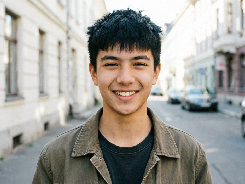 Portrait of the same teen, hairstyle changed to a neat short cut with straight bangs using AI Hairstyle Changer, jet black hair, clean and structured style, naturally blending with the original lighting, facial features and outfit, fresh youthful vibe, 4:3 aspect ratio portrait photography