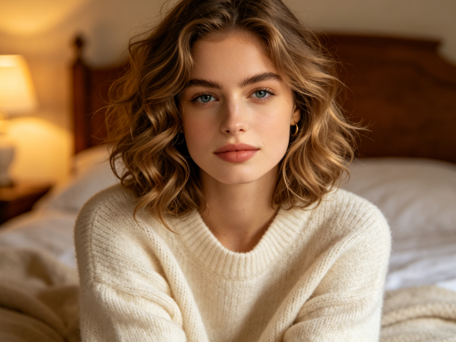 Indoor bust portrait of a young European woman under warm soft light in a cozy bedroom, light brown curly hair, wearing a cream sweater, relaxed posture, calm facial expression, 4:3 aspect ratio portrait photography