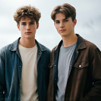 Outdoor group photo of two European teen boys with AI Yearbook Filter applied, Y2K school yearbook style, desaturated retro cool tones, film grain and vignetting effects, casual denim jacket outfits, overcast outdoor background, formal yet relaxed teen vibe