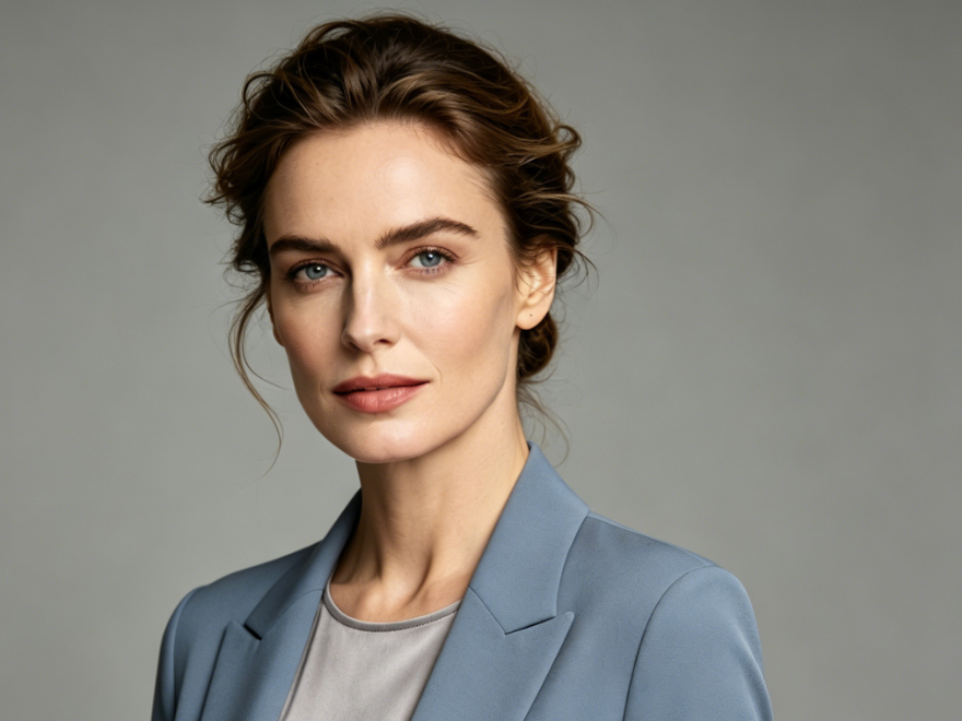 Bust portrait of the same European woman in a gray studio background, modified with Add Jacket to Photo to add a misty blue blazer, slim and neat cut, natural drape, matte fabric matching studio soft light, refined and elegant lines, creating a minimalist luxury commuter style, 4:3 aspect ratio portrait photography