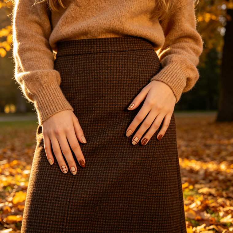 Outdoor autumn park scene, half-body portrait of a European woman in warm backlight, hands resting on a houndstooth midi skirt, nails with milk coffee + caramel checkered manicure, warm matte texture with clear lines, matching the fall/winter style, cozy and gentle