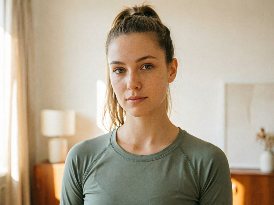 Portrait of the same woman, hairstyle changed to a high ponytail using AI Hairstyle Changer, voluminous crown with baby hairs framing the face, dark brown hair color, perfectly blended with the original lighting, skin tone and outfit, sporty and energetic style, 4:3 aspect ratio portrait photography